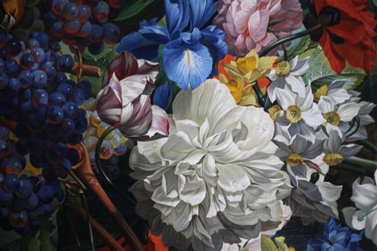 Leopold Zinnogger (Austrian, 1811-1872) Still life of flowers, fruit, butterflies and birds nest upon a marble ledge, 53 x 37in.